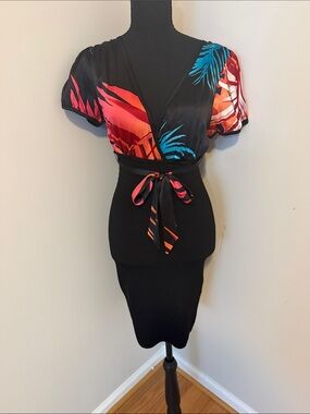 bebe Black Midi Dress with Red, Orange & Teal Tropical Print